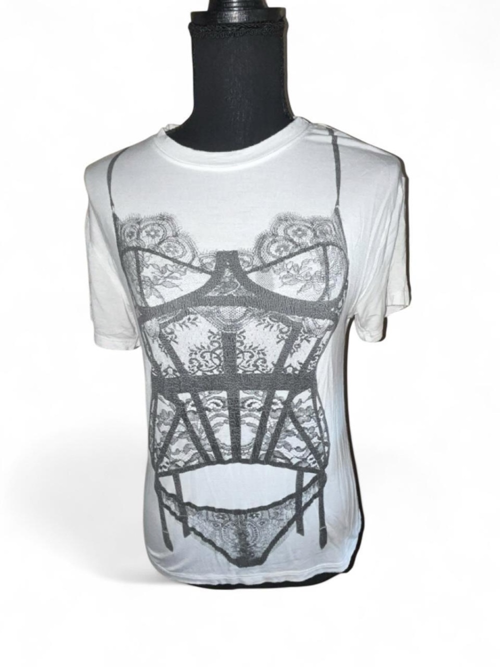 White Short Sleeve Graphic Tee with Lace Bodysuit Print